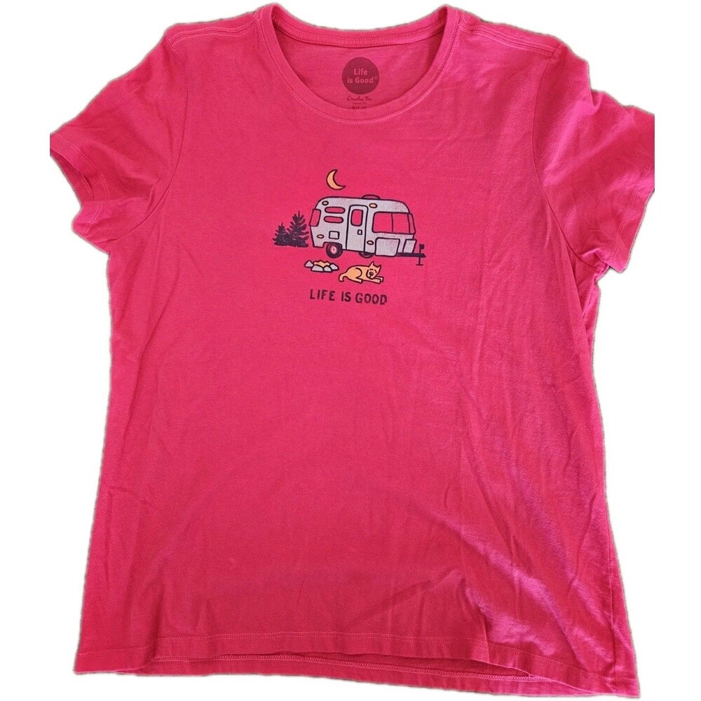 Life Is Good Shirt Womens Large Pink Camping Crusher Tee Classic Fit Graphic